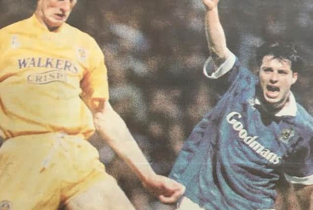 Leicester City striker Ian Ormondroyd taps the ball into the back of the Pompey net, as Blues defender Kit Symons appeals for offside, during the 1993 Division One play-off semi-final at Fratton Park