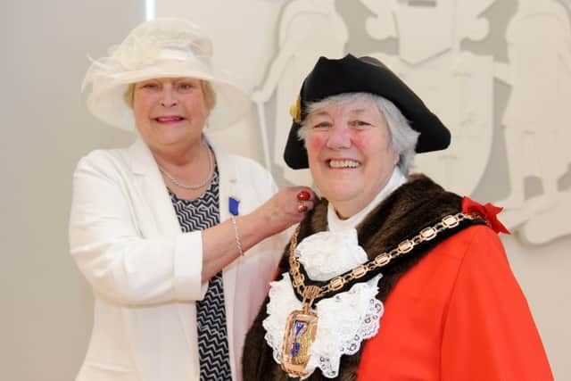 The outgoing Mayor of Havant Leah Turner, left, with the new Mayor Faith Ponsonby Picture: Sarah Standing (160672-7895)
