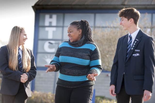 Nelson Mandela's niece Pumeza Mandela with the head girl and head boy of Horndean Technology College, Natasha Collier and Callum Mihell