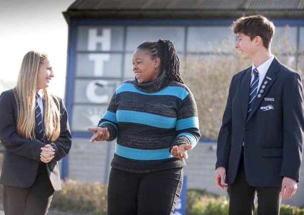 Nelson Mandela's niece Pumeza Mandela with the head girl and head boy of Horndean Technology College, Natasha Collier and Callum Mihell