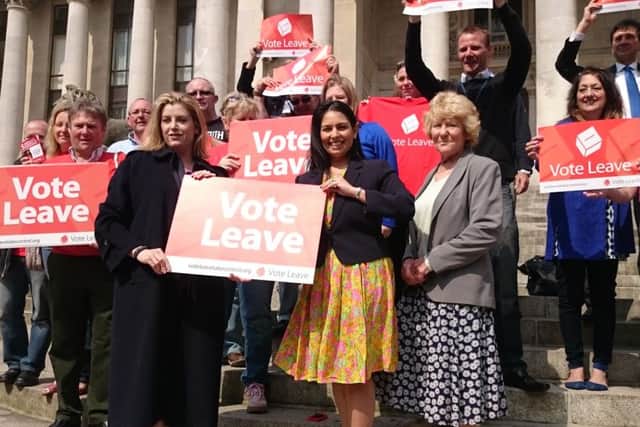 Portsmouth MP Penny Mordaunt with employment minister Priti Patel and Vote Leave supporters on the steps of Portsmouth Guildhall