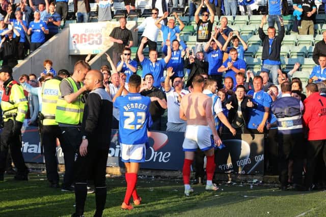 The Pompey players go to the Blues' travelling fans at the final whistle Picture: Joe Pepler