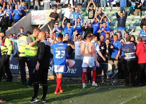 The Pompey players go to the Blues' travelling fans at the final whistle Picture: Joe Pepler