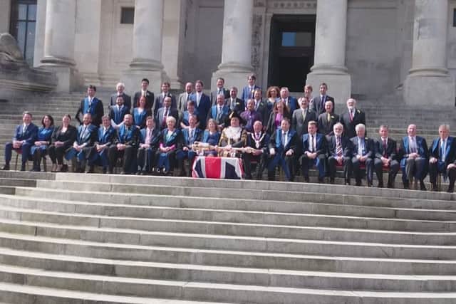 The full Portsmouth City Council on the steps of the Guildhall