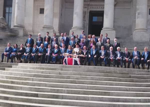 The full Portsmouth City Council on the steps of the Guildhall