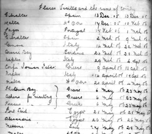 Two pages of Alberts log showing the various places visited by HMS Leviathan in just one year.
