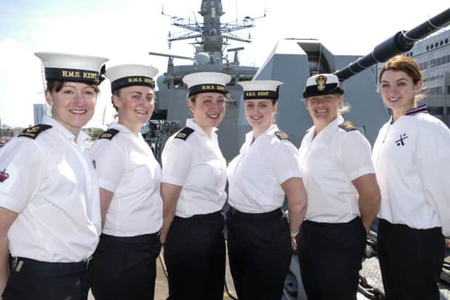 From left, Leading Regulator Nichola Connolly, Engineering Technician Emily Bunting, Engineering Technician Olivia Morris, Steward Hannah Watson, Petty Officer Sarah Jenkins and Leading Physical Trainer Instructor Charlotte Mason