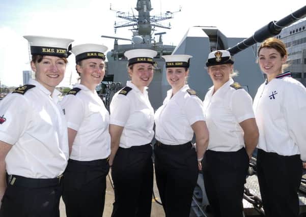 From left, Leading Regulator Nichola Connolly, Engineering Technician Emily Bunting, Engineering Technician Olivia Morris, Steward Hannah Watson, Petty Officer Sarah Jenkins and Leading Physical Trainer Instructor Charlotte Mason