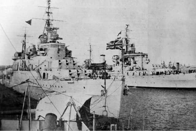 Here we see HMS Superb (outboard)  berthing  alongside HMS Glasgow in 1950