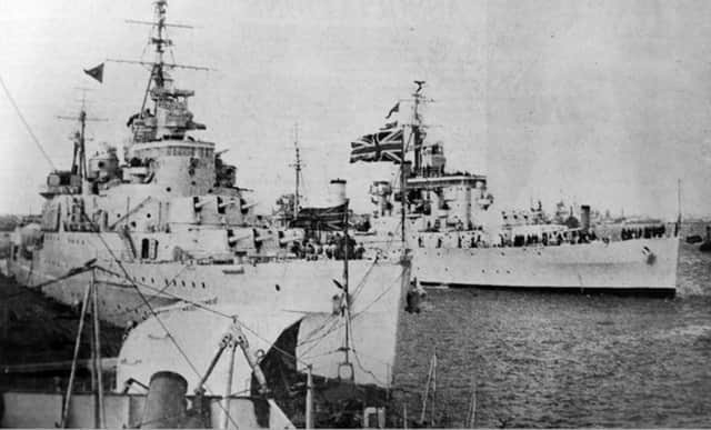 Here we see HMS Superb (outboard)  berthing  alongside HMS Glasgow in 1950