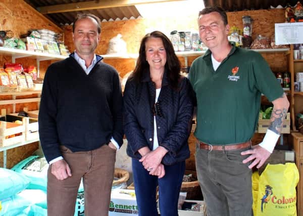 Meon Valley MP George Hollingbery with Andy and Karen Rafferty from Denmead Poultry