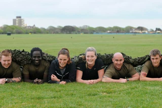 From left, Gunners Adam Blackwell and Germaine Murray, Gemma Gatward from Portsmouth and Lisa Haines from Hayling Island, and Gunners Antony Rumming and Brad Todd. 

Picture: Sarah Standing (160729-9565)