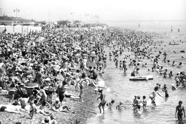 A packed Southsea beach during the summer of 1976