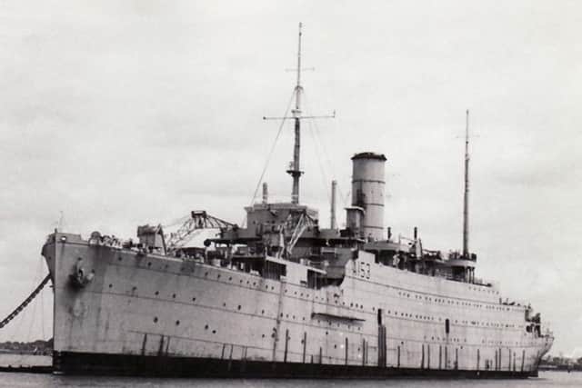 The former Cunard  passenger/cargo liner Ausonia awaiting scrapping in Portsmouth Harbour, circa 1965.