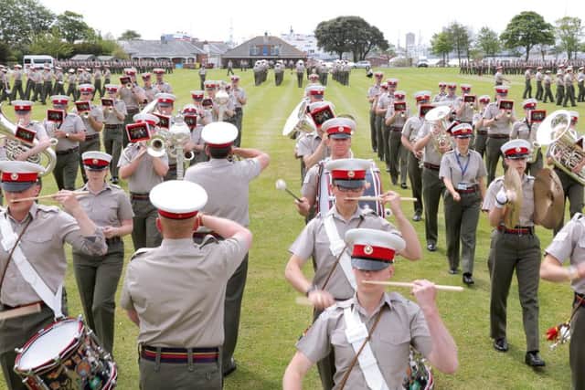 The massed bands of the Royal Marines rehearsing for a major ceremony in London celebrating the birthday of the Duke of Edinburgh