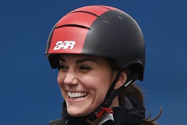 EMBARGOED TO 1400 FRIDAY MAY 20The Duchess of Cambridge takes to the water as joins Sir Ben Ainslie and the crew of the Land Rover BAR for training circuit on the Solent when she visited the Land Rover BAR Base HQ in Portsmouth.  PRESS ASSOCIATION Photo. Picture date: Friday May 20, 2016. See PA story ROYAL Kate. Photo credit should read: Andrew Matthews/PA Wire ROYAL_Kate_135566.JPG