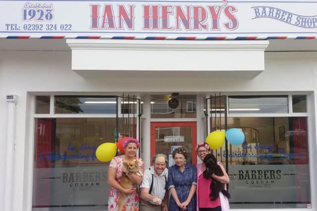 (L-r) Zoe Paffett, Neil Hood, Bev Steele and Charmyne Sters at Ian Henry's Barbers in Cosham