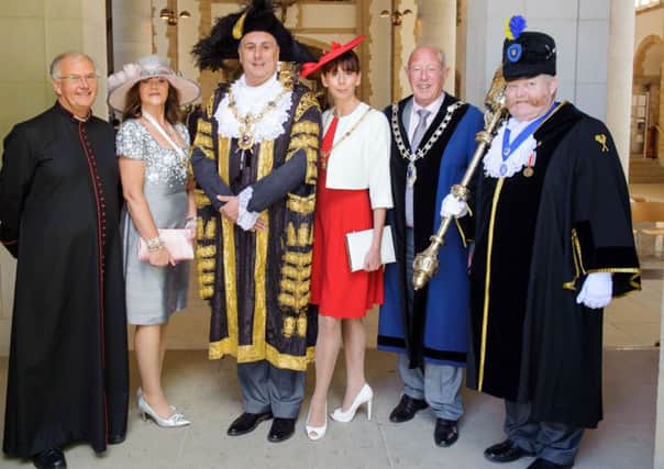 From the left are The Very Reverend David Brindley, Jo Ellcombe Deputy Lady Mayor, Cllr David Fuller Lord Mayor of Portsmouth, Leza Tremorin Lady Mayor, Ken Ellcombe Deputy Mayor and Alan Spencer.  

 

Picture: Allan Hutchings (160419-019)