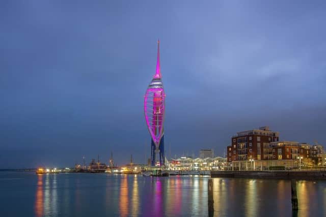 The Spinnaker Tower lit in purple in memory of Lisa Calladine