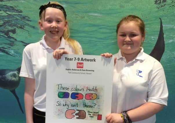 Sam Browning, left, and Sophie Anderson from Park Community School, Havant, who came second out of 2,000 entrants in a 'Show Racism the Red Card' campaign