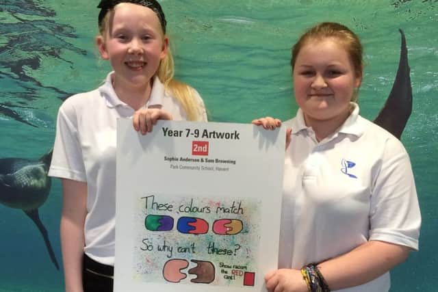 Sam Browning, left, and Sophie Anderson from Park Community School, Havant, who came second out of 2,000 entrants in a 'Show Racism the Red Card' campaign
