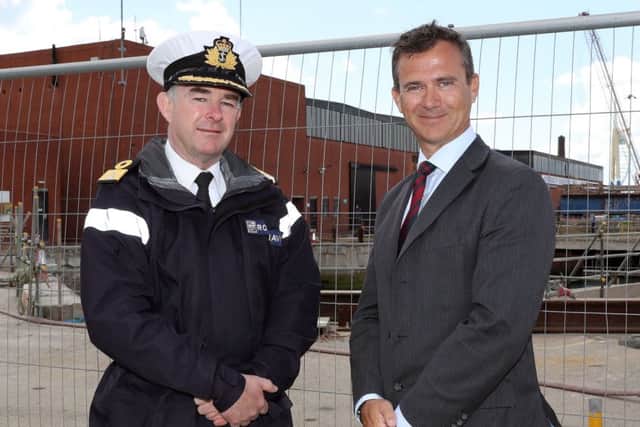 Portsmouth Naval Base Commander Commodore Jeremy Rigby with Mark Lancaster, the minister for defence personnel and Veterans Picture: LA(Phot) Nicky Wilson