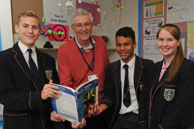 Fifteen-year-olds, from left, Jack Bamford, Liam Callaghan and Emily Harrison at Mayville School with Tim Peake's father Nigel.Picture Ian Hargreaves  (160705-1)