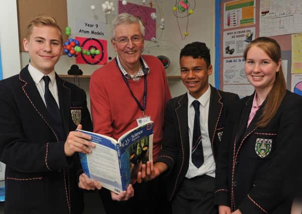 Fifteen-year-olds, from left, Jack Bamford, Liam Callaghan and Emily Harrison at Mayville School with Tim Peake's father Nigel.
Picture Ian Hargreaves  (160705-1)