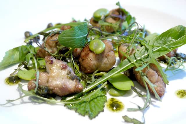 Lamb sweetbreads with broad beans.