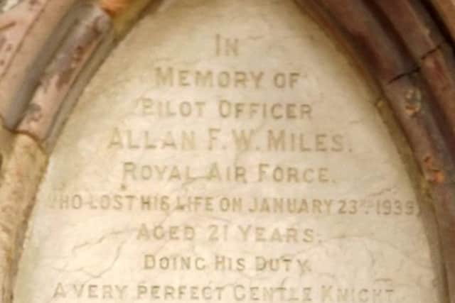 The memorial to Pilot Officer Allan Miles in the Garrison Church, Old Portsmouth.