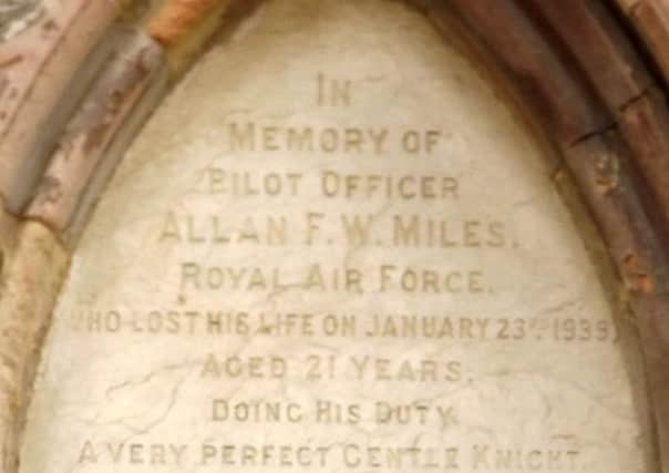The memorial to Pilot Officer Allan Miles in the  Garrison Church, Old Portsmouth.