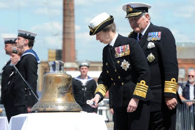 Princess Anne rings the bell of HMS Hood in Portsmouth today  Picture: Sarah Standing (160737-888)