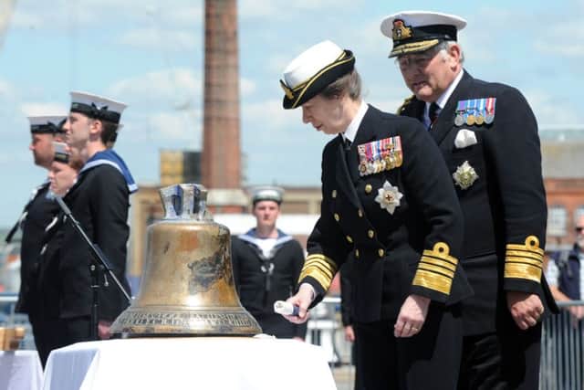 HRH Princess Royal Princess Anne, Patron of The National Museum of the Royal Navy  sounds HMS Hood's bell for the first time since its recovery and restoration Picture: Sarah Standing (160737-888)