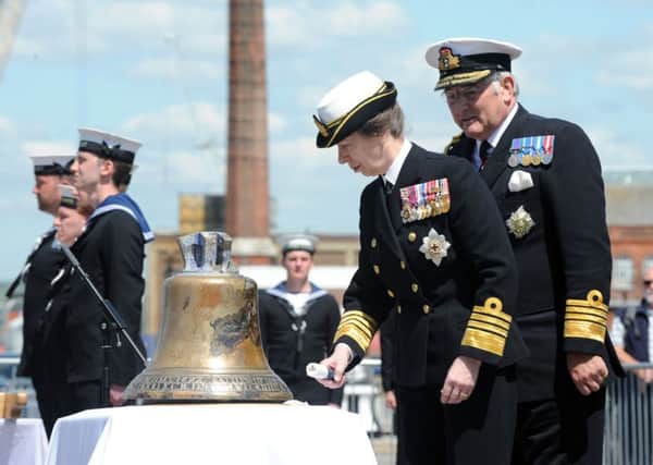 HRH Princess Royal Princess Anne, Patron of The National Museum of the Royal Navy  sounds HMS Hood's bell for the first time since its recovery and restoration Picture: Sarah Standing (160737-888)