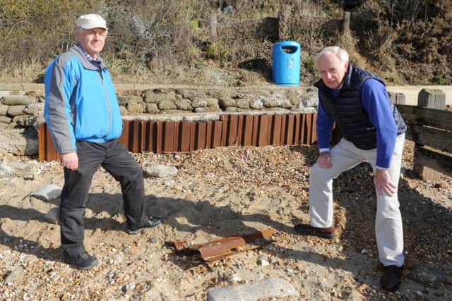 Tony Pepper, 69, left, who owns a beach hut at Hill Head and Bill Hutchison, 73, chairman of Hill Head Residents Association.Picture: Sarah Standing (160498-5934)