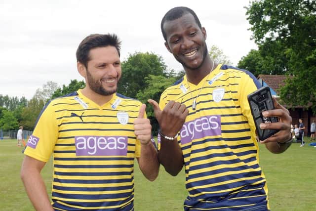 Darren Sammy, right, will make his Hampshire debut in tonights T20 clash with Middlesex in Uxbridge. He joined Shahid Afridi, left, as the duo teamed up to show their support at the Hampshire Schools Kwik Cricket Festival at Emsworth Recreation Ground on Wednesday Picture: Sarah Standing