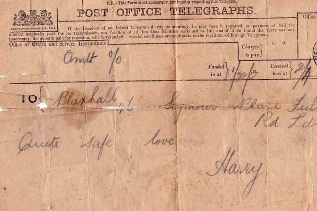 A telegram from Harry Blaxhall serving aboard HMS Lion telling his parents he had survived the Battle of Jutland.