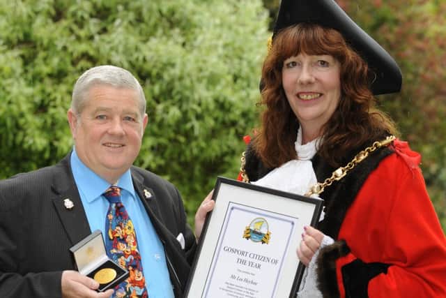 Mayor of Gosport Cllr. Lynn Hook presents a Citizen of the Year Certificate and medallion to Les Heyhoe
Picture: Malcolm Wells (160518-3851)