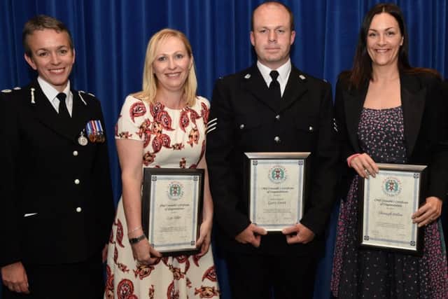 Lyn Tiller and Shonagh from Aurora New Dawn with Sgt Garry Smith from Havant police Picture: Jan Brayley/Hampshire police