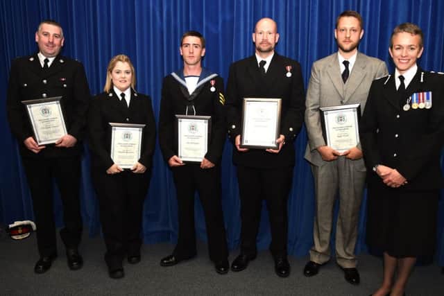PC Chris Dawes, Sgt Danielle Ruzewicz, Roy Bebington, Chad Newman, DS Roger Wood and chief constable Olivia Pinkney Picture: Jan Brayley/Hampshire police