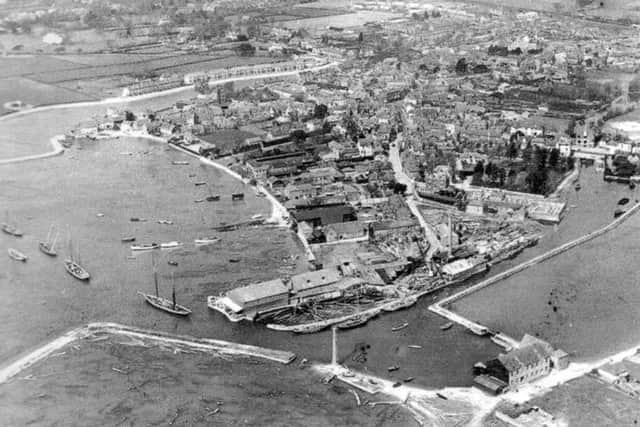 Aerial view of Fosters empire of oyster boats at the end of King Street, Emsworth.
