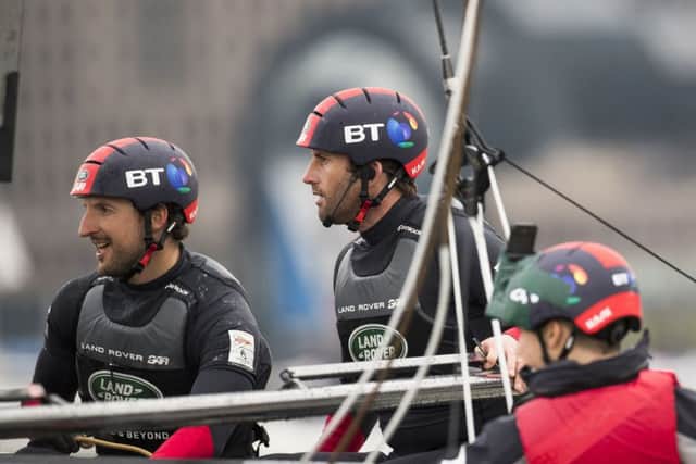 LandRover BAR skippered by Ben Ainslie with trimmer Paul Campbell James during racing in New York. Picture: Lloyd Images
