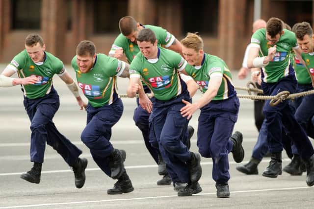 HMS Collingwood field gun crew B challenge for the 12 Pounder Cup. Picture: Allan Hutchings (160420-987)