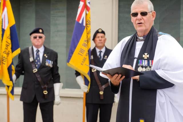 The service of remembrance taken by ex CPO PTI. Peter Clarke at the Daedalus Naval Air memorial, Lee-on-the-Solent.
Picture: Allan Hutchings (160421-016)