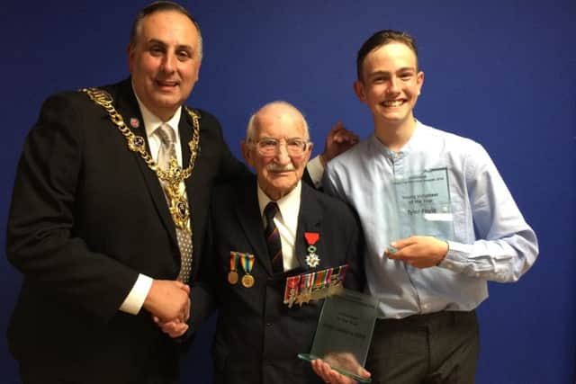 Lord Mayor of Portsmouth David Fuller with Volunteer of the Year John Jenkins, and Young Volunteer of the Year Tyler Foyle