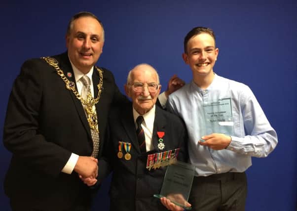Lord Mayor of Portsmouth David Fuller with Volunteer of the Year John Jenkins, and Young Volunteer of the Year Tyler Foyle