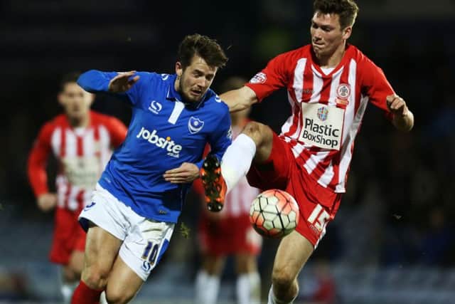 Joe Wright, right, in action for Accrington against Pompey last season, has moved to Doncaster Rovers from Huddersfield Picture: Joe Pepler
