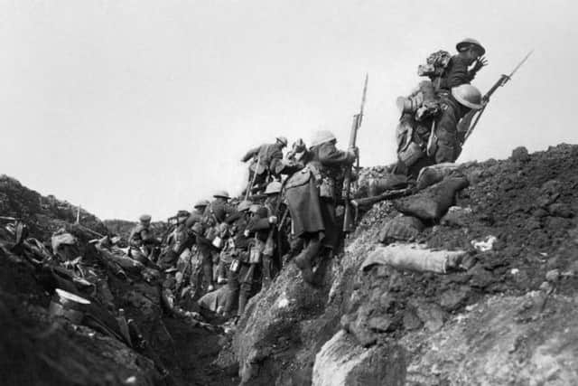 Troops going over the top at the start of the Battle of the Somme in 1916 during a training exercise behind the lines