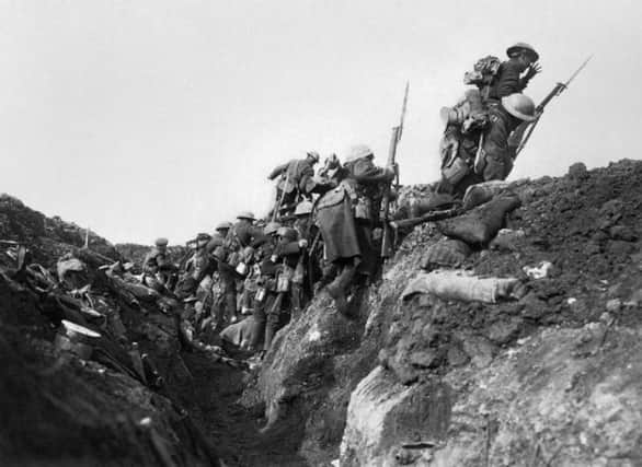 Troops going over the top at the start of the Battle of the Somme in 1916 during a training exercise behind the lines