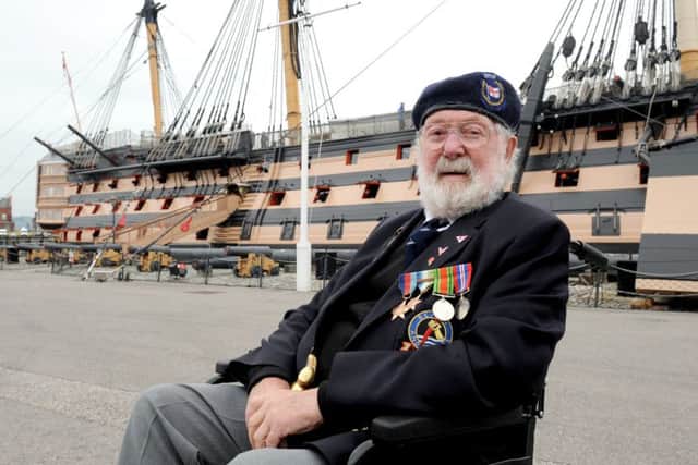 D-Day veteran Bob Reeves, 93, from Exeter, in front of HMS Victory